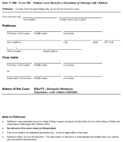 Iowa Cover Sheet For Petition For Dissolution of Marriage With Children PDF