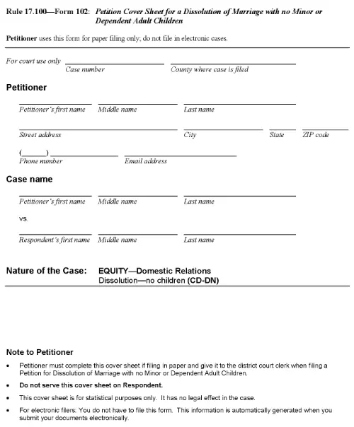 Iowa Cover Sheet For Petition For Dissolution of Marriage With No Minor or Dependent Adult Children PDF
