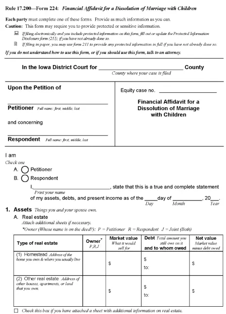Iowa Financial Affidavit For Dissolution of Marriage With Children PDF