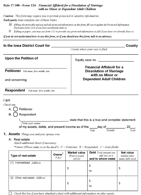 Iowa Financial Affidavit For Dissolution of Marriage With No Minor or Dependent Adult Children PDF
