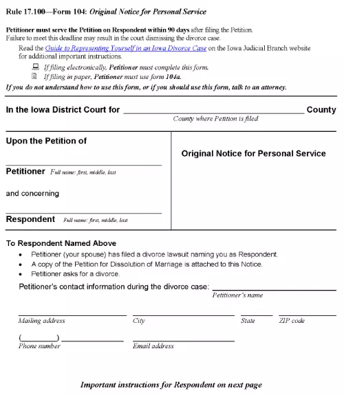 Iowa Original Notice For Personal Service No Children PDF