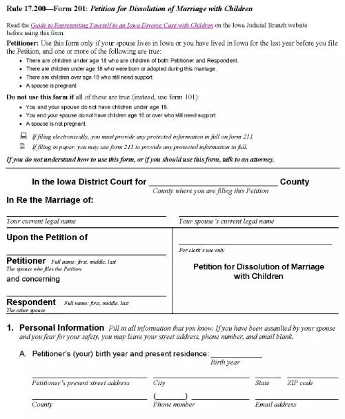 Iowa Petition For Dissolution of Marriage With Children PDF