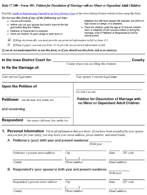 Iowa Petition For Dissolution of Marriage With No Minor or Dependent Adult Children PDF