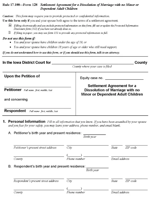 Iowa Settlement Agreement For a Dissolution of Marriage With No Minor or Dependent Adult Children PDF