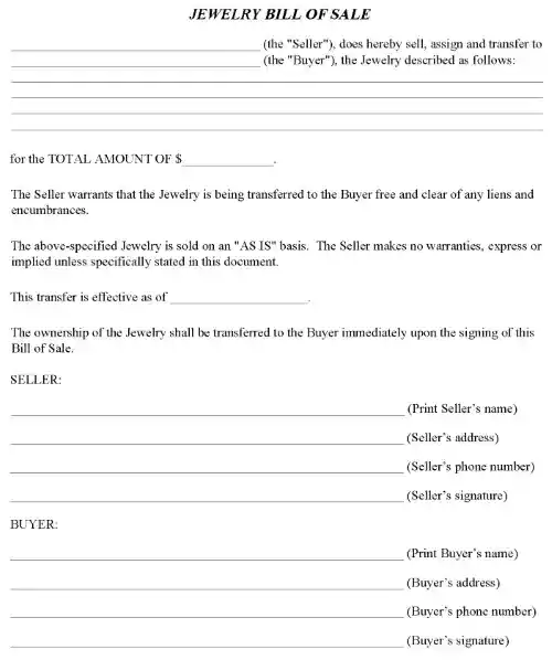 Jewelry Bill of Sale Form PDF