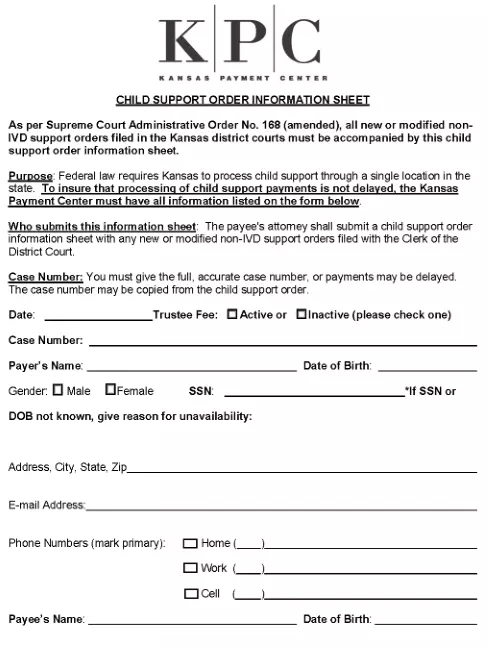 Kansas Child Support Order Information Sheet PDF