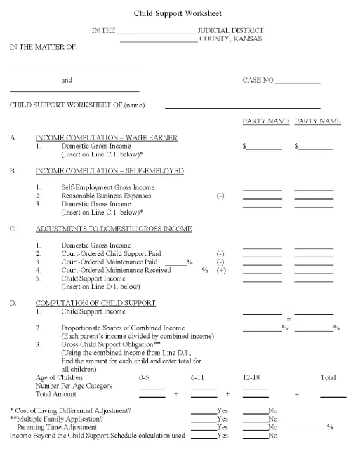 Kansas Child Support Worksheet PDF