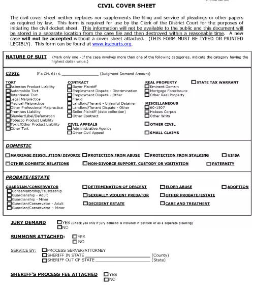 Kansas Civil Cover Sheet PDF