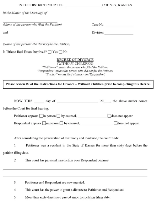 Kansas Decree of Divorce Without Children PDF