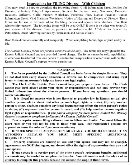 Kansas Instructions For Filing For Divorce With Children PDF
