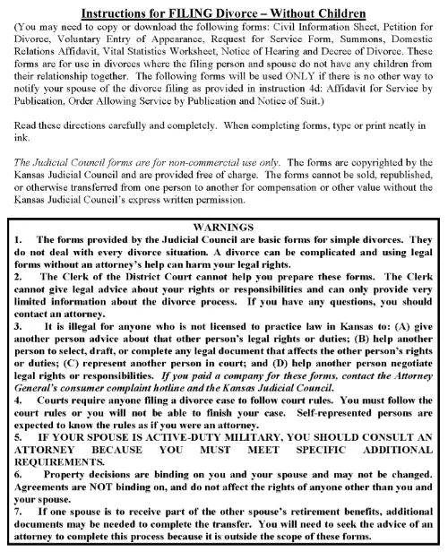 Kansas Instructions For Filing For Divorce Without Children PDF