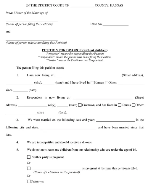 Kansas Petition For Divorce Without Children PDF