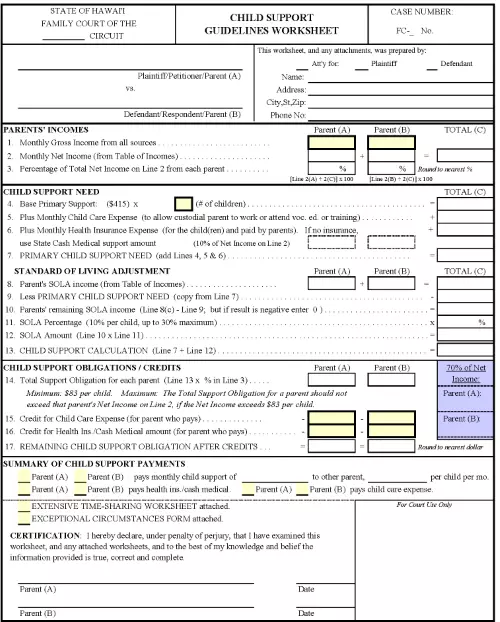 Kauai Child Support Guidelines Worksheet PDF
