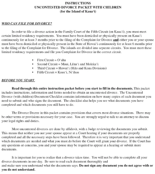Kauai Uncontested Divorce With Children Packet PDF