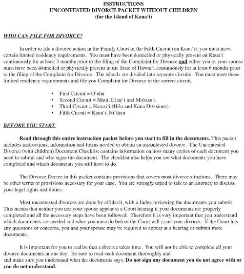 Kauai Uncontested Divorce Without Children Packet PDF