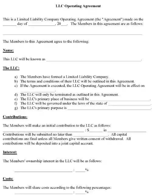 LLC Operating Agreement Form PDF