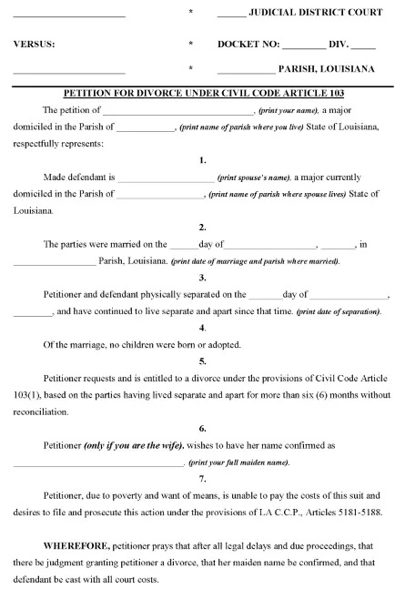 Free Louisiana Divorce Forms Printable Pdf And Word