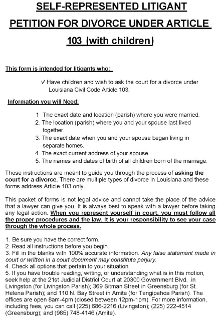 Louisiana Petition For Divorce With Minor Children Livingston Parish PDF