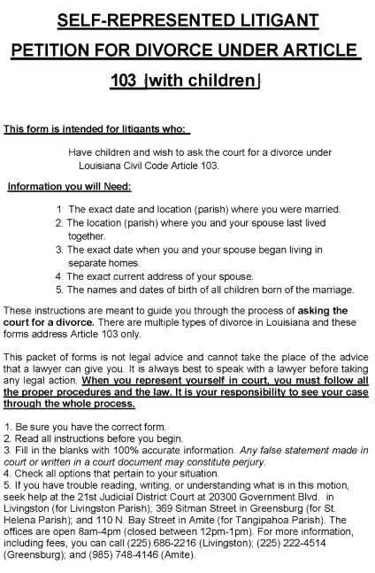Louisiana Petition For Divorce With Minor Children St. Helena Parish PDF