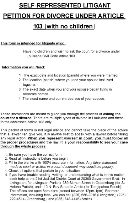 Louisiana Petition For Divorce Without Minor Children Livingston Parish PDF