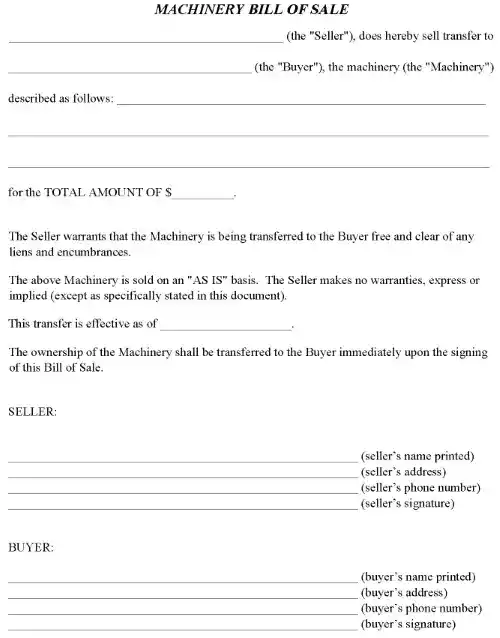 Machinery Bill of Sale Template PDF