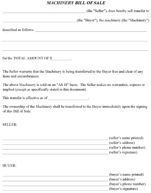 Machinery Bill of Sale Form Word