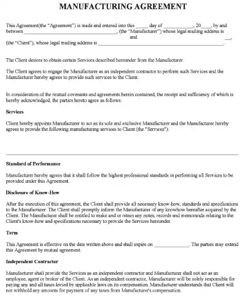 Manufacturing Agreement Form