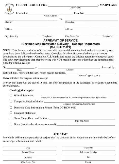 Maryland Affidavit of Service Certified Mail PDF