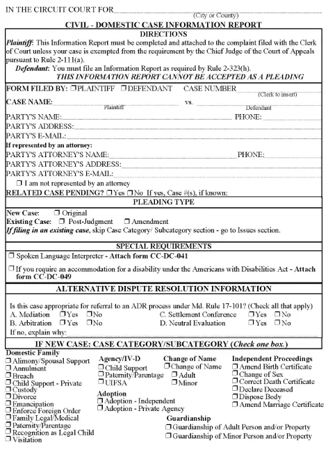 Maryland Civil Domestic Case Information Report PDF