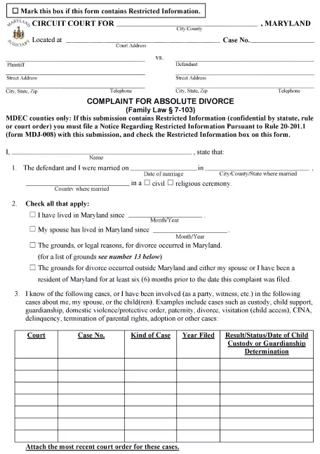 Maryland Complaint For Absolute Divorce PDF