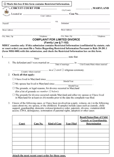 Maryland Complaint For Limited Divorce PDF