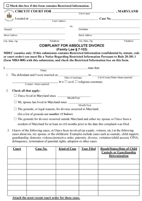 Maryland Divorce Forms