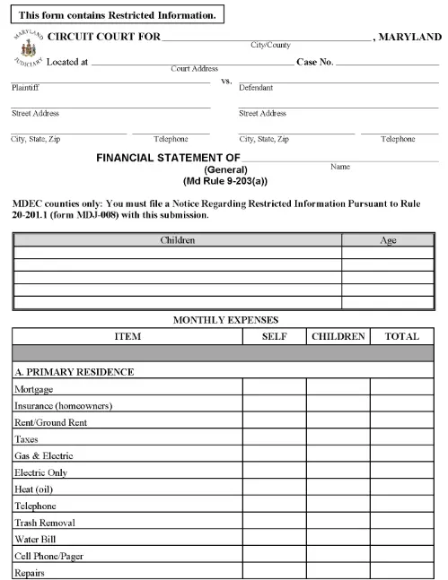 Maryland General Financial Statement PDF
