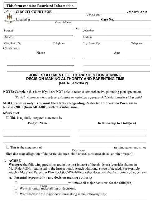 Maryland Joint Statement of the Parties Concerning Decision Making Authority and Parenting Time PDF