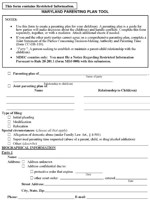 Maryland Parenting Plan Tool PDF