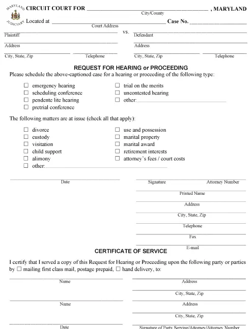 Maryland Request For Hearing or Proceeding PDF