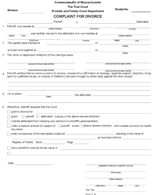 Massachusetts Complaint For Divorce CJD 101 PDF