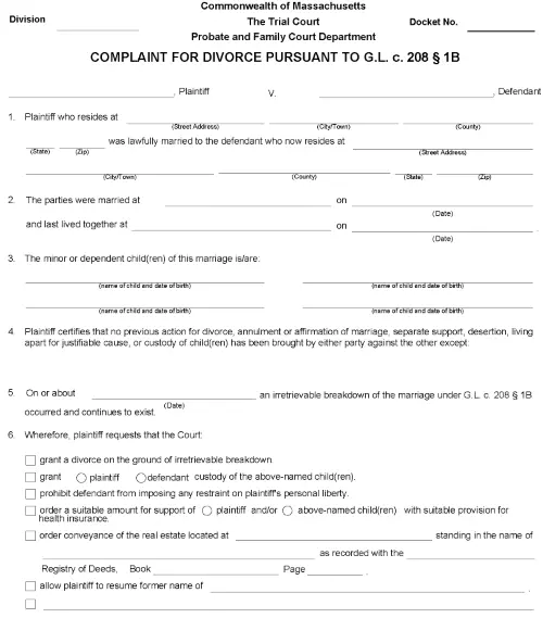 Massachusetts Divorce Papers