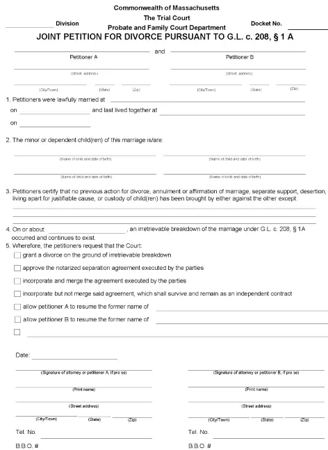 Massachusetts Joint Petition For Divorce Under 1A PDF
