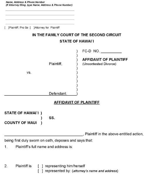 Maui Molokai or Lanai Affidavit of Plaintiff PDF