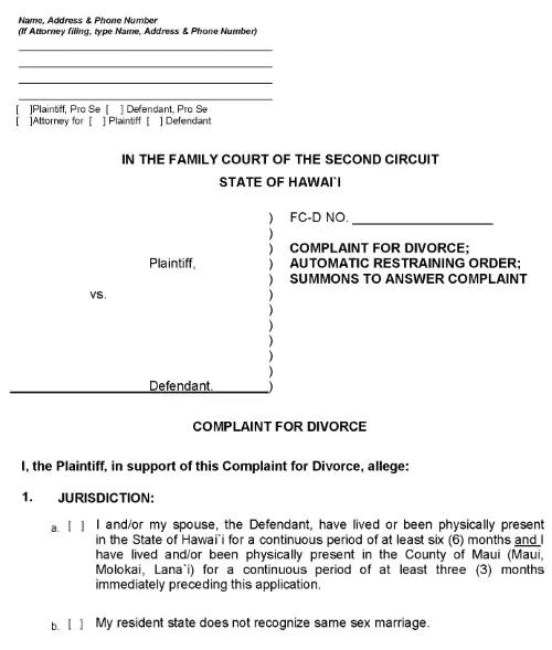 Maui Molokai or Lanai Complaint For Divorce PDF