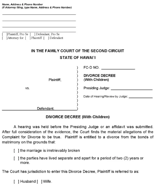 Maui Molokai or Lanai Decree Granting Divorce and Awarding Custody PDF