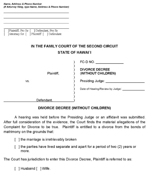 Maui Molokai or Lanai Divorce Decree PDF