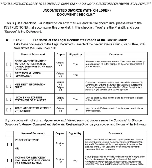 Maui Molokai or Lanai Uncontested Divorce With Children Document Checklist PDF