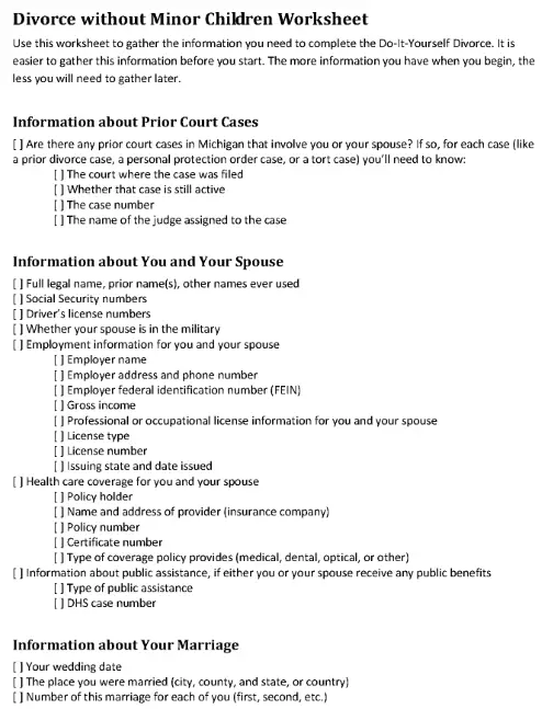 Michigan Divorce Without Minor Children Worksheet PDF