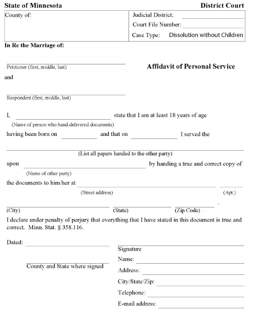 Minnesota Affidavit of Personal Service Dissolution without Children PDF