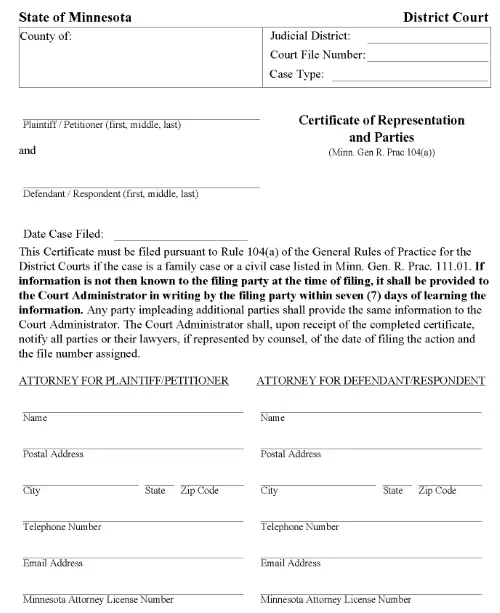Minnesota Certificate of Representation and Parties PDF
