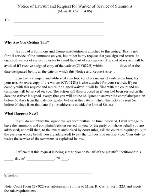 Minnesota Notice of Lawsuit and Request for Waiver of Service of Summons PDF