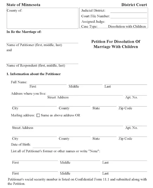 Minnesota Petition of Dissolution of Marriage Wiith Children PDF