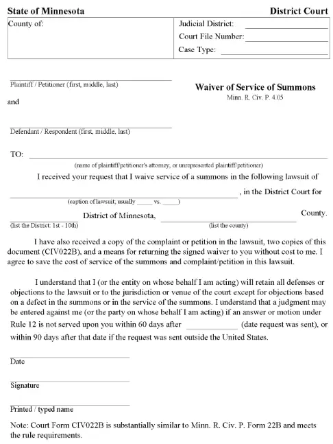 Minnesota Waiver of Service of Summons PDF